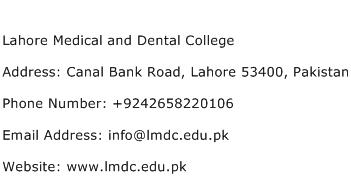 Lahore Medical and Dental College Address Contact Number
