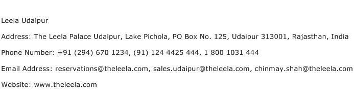 Leela Udaipur Address Contact Number