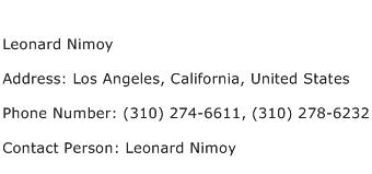 Leonard Nimoy Address Contact Number