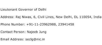 Lieutenant Governor of Delhi Address Contact Number