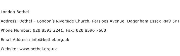 London Bethel Address Contact Number
