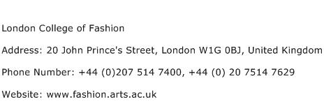 London College of Fashion Address Contact Number