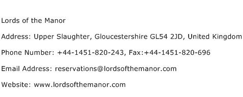 Lords of the Manor Address Contact Number