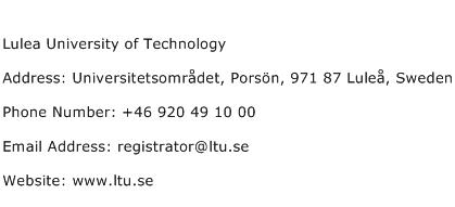 Lulea University of Technology Address Contact Number