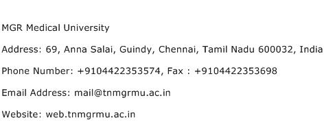 MGR Medical University Address Contact Number