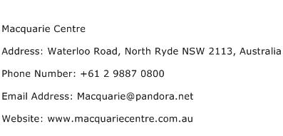 Macquarie Centre Address Contact Number