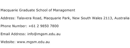 Macquarie Graduate School of Management Address Contact Number