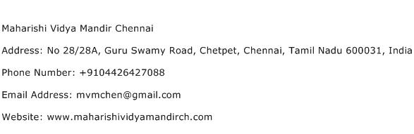 Maharishi Vidya Mandir Chennai Address Contact Number