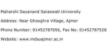 Maharshi Dayanand Saraswati University Address Contact Number