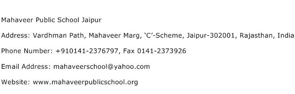Mahaveer Public School Jaipur Address Contact Number