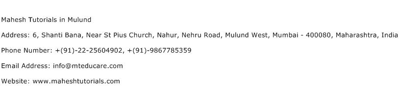 Mahesh Tutorials in Mulund Address Contact Number