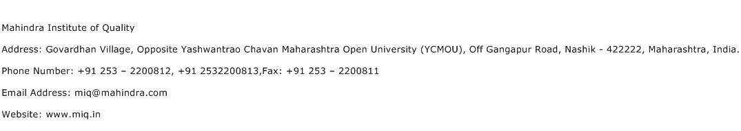 Mahindra Institute of Quality Address Contact Number