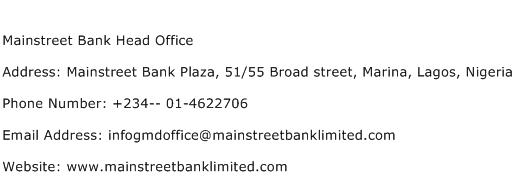 Mainstreet Bank Head Office Address Contact Number