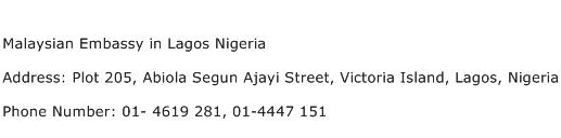 Malaysian Embassy in Lagos Nigeria Address Contact Number