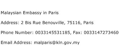 Malaysian Embassy in Paris Address Contact Number