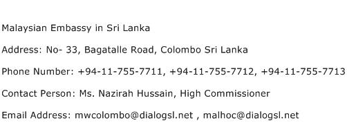 Malaysian Embassy in Sri Lanka Address Contact Number