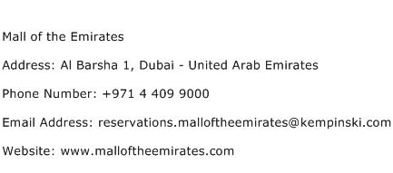 Mall of the Emirates Address Contact Number