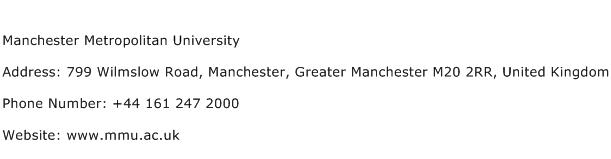 Manchester Metropolitan University Address Contact Number