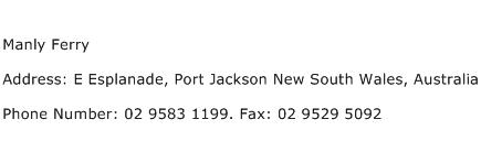 Manly Ferry Address Contact Number