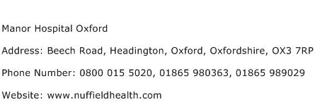 Manor Hospital Oxford Address Contact Number