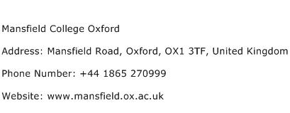 Mansfield College Oxford Address Contact Number
