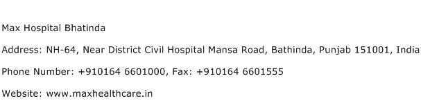 Max Hospital Bhatinda Address Contact Number