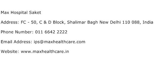 Max Hospital Saket Address Contact Number