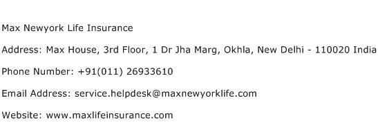 Max Newyork Life Insurance Address Contact Number