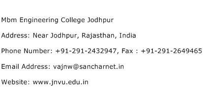 Mbm Engineering College Jodhpur Address Contact Number