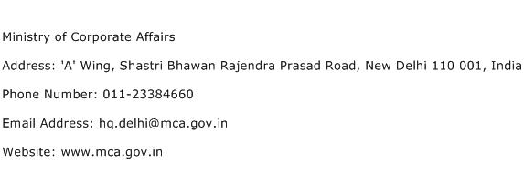 Ministry of Corporate Affairs Address Contact Number