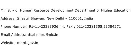 Ministry of Human Resource Development Department of Higher Education Address Contact Number