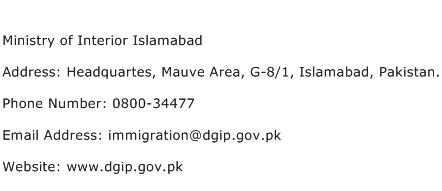 Ministry of Interior Islamabad Address Contact Number