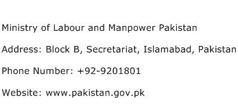 Ministry of Labour and Manpower Pakistan Address Contact Number