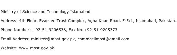Ministry of Science and Technology Islamabad Address Contact Number