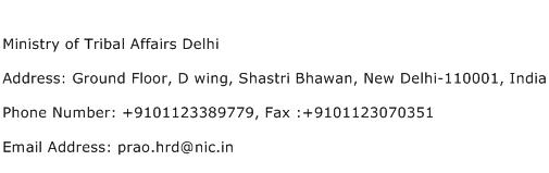 Ministry of Tribal Affairs Delhi Address Contact Number