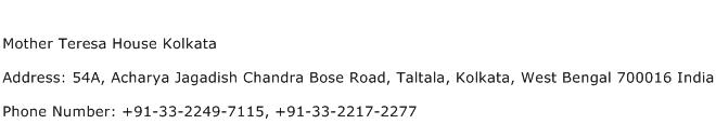 Mother Teresa House Kolkata Address Contact Number