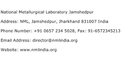 National Metallurgical Laboratory Jamshedpur Address Contact Number
