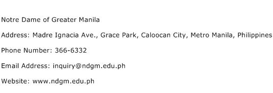 Notre Dame of Greater Manila Address Contact Number