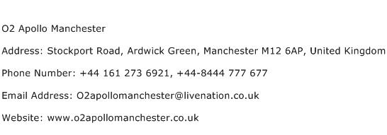 O2 Apollo Manchester Address Contact Number