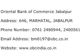 Oriental Bank of Commerce Jabalpur Address Contact Number