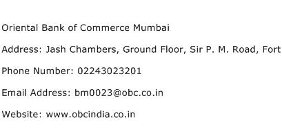 Oriental Bank of Commerce Mumbai Address Contact Number