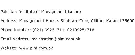 Pakistan Institute of Management Lahore Address Contact Number