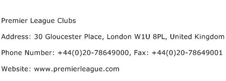 Premier League Clubs Address Contact Number
