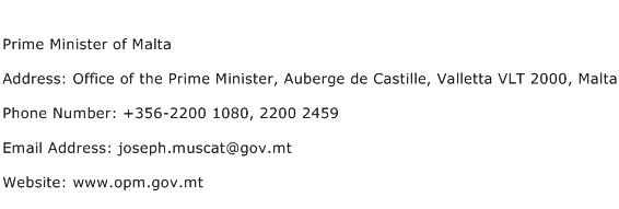 Prime Minister of Malta Address Contact Number