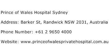 Prince of Wales Hospital Sydney Address Contact Number