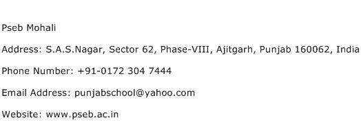 Pseb Mohali Address Contact Number
