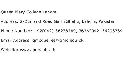 Queen Mary College Lahore Address Contact Number