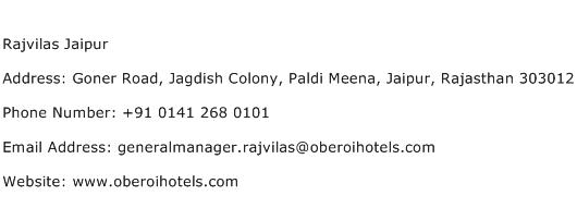 Rajvilas Jaipur Address Contact Number