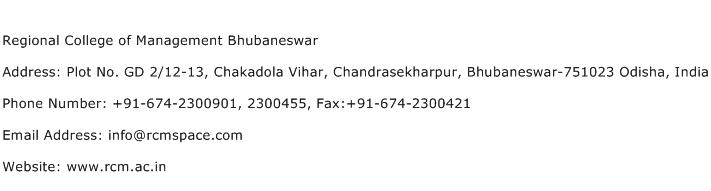 Regional College of Management Bhubaneswar Address Contact Number