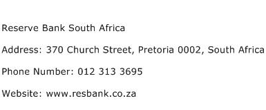Reserve Bank South Africa Address Contact Number